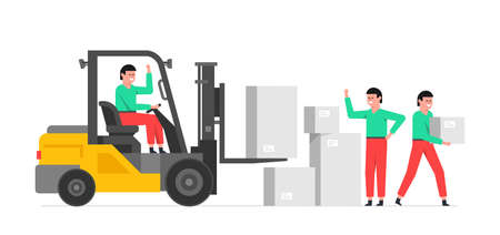 Delivery service and logistics. Workers unloading boxes from Forklift truck. Moving service. Flat styleのイラスト素材