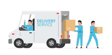 Delivery service and logistics. Workers unloading boxes from van.  Moving service. Flat styleのイラスト素材