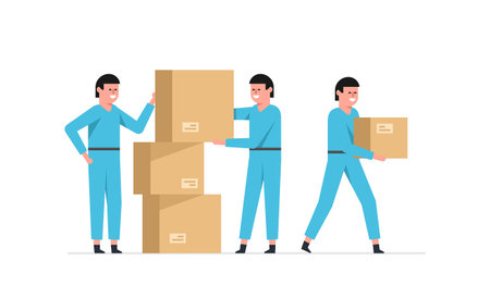 Delivery service. Workers bear cardboard boxes. Moving service. Flat styleのイラスト素材