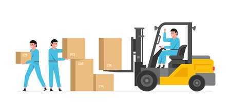 Delivery service and logistics. Workers unloading boxes from Forklift truck. Moving service. Flat styleのイラスト素材