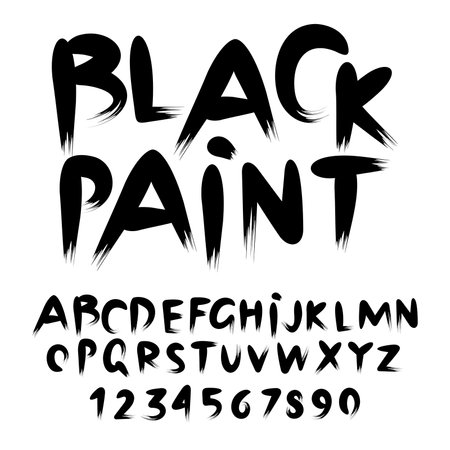 Black Paint Font, alphabet. Ink brush stroke. Letters and numbers. flat styleのイラスト素材