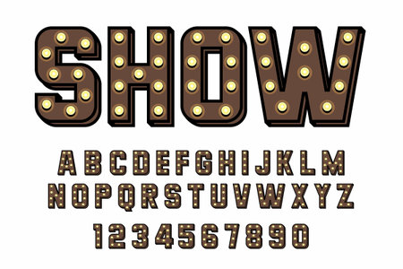 Light bulb font, alphabet. Light letters and numbers. flat styleのイラスト素材