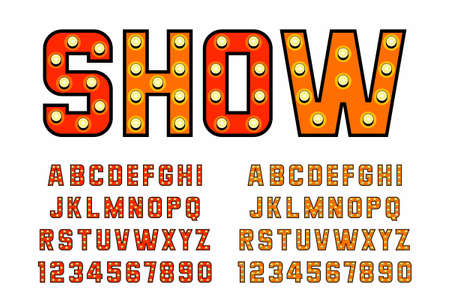 Light bulb font, alphabet. Light letters and numbers. flat styleのイラスト素材