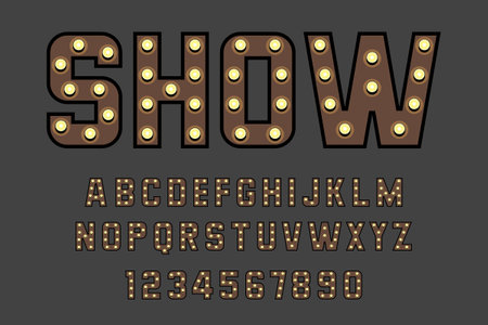 Light bulb font, alphabet. Light letters and numbers. flat styleのイラスト素材