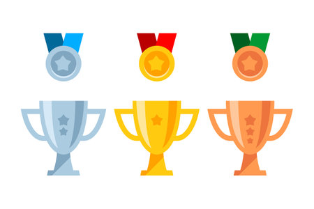 Gold, silver and Bronze trophy cup. Set of medals and trophy awards. Winner cups with star. Prize champion. Flat styleのイラスト素材