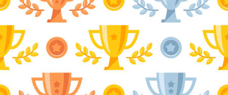 Seamless pattern with  trophy cups. Set of medals and trophy awards. Prize champion. Flat styleのイラスト素材