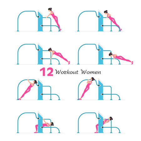 Women workout set. Women Fitness Aerobic and Exercises. Women doing fitness and yoga exercises. Flat styleのイラスト素材