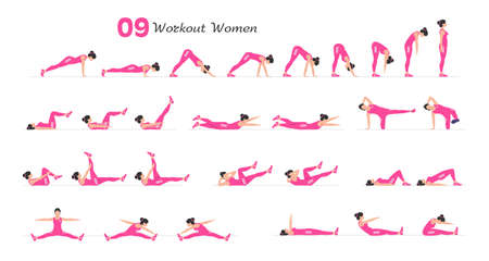 Women workout set. Women Fitness Aerobic and Exercises. Women doing fitness and yoga exercises. Flat styleのイラスト素材