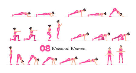 Women workout set. Women Fitness Aerobic and Exercises. Women doing fitness and yoga exercises. Flat styleのイラスト素材
