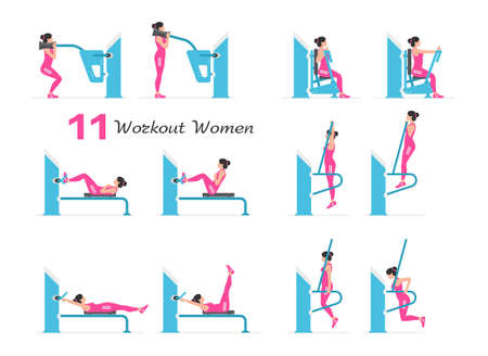 Women workout set. Women Fitness Aerobic and Exercises. Women doing fitness and yoga exercises. Flat styleのイラスト素材