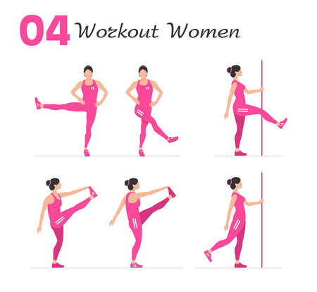 Women workout set. Women Fitness Aerobic and Exercises. Women doing fitness and yoga exercises. Flat styleのイラスト素材