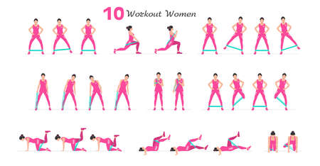 Women workout set. Women Fitness Aerobic and Exercises. Women doing fitness and yoga exercises. Flat styleのイラスト素材