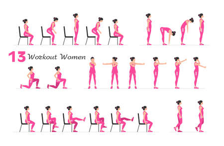 Women workout set. Women Fitness Aerobic and Exercises. Women doing fitness and yoga exercises. Flat styleのイラスト素材