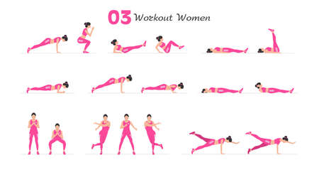 Women workout set. Women Fitness Aerobic and Exercises. Women doing fitness and yoga exercises. Flat styleのイラスト素材