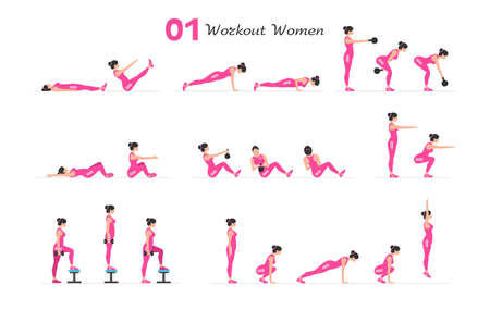 Women workout set. Women Fitness Aerobic and Exercises. Women doing fitness and yoga exercises. Flat styleのイラスト素材