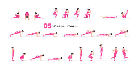 Women workout set. Women Fitness Aerobic and Exercises. Women doing fitness and yoga exercises. Flat styleのイラスト素材