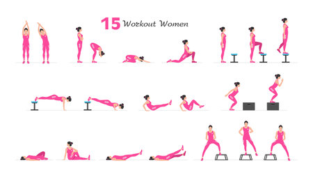 Women workout set. Women Fitness Aerobic and Exercises. Women doing fitness and yoga exercises. Flat styleのイラスト素材