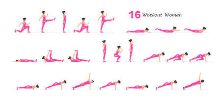 Women workout set. Women Fitness Aerobic and Exercises. Women doing fitness and yoga exercises. Flat styleのイラスト素材