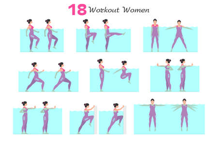 Women workout set. Women Fitness Aerobic and Exercises. Women doing fitness and yoga exercises. Flat styleのイラスト素材