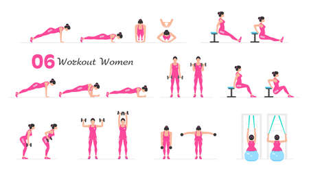 Women workout set. Women Fitness Aerobic and Exercises. Women doing fitness and yoga exercises. Flat styleのイラスト素材