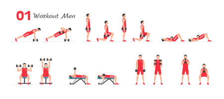 Men workout set. Men Fitness Aerobic and Exercises. Men doing fitness and yoga exercises. Flat styleのイラスト素材