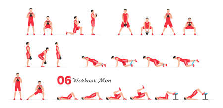 Men workout set. Men Fitness Aerobic and Exercises. Men doing fitness and yoga exercises. Flat styleのイラスト素材
