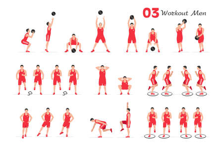 Men workout set. Men Fitness Aerobic and Exercises. Men doing fitness and yoga exercises. Flat styleのイラスト素材