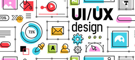 Seamless pattern with UI-UX development design concept. Interface elements. Digital industry. Innovation and technologies. Flat styleのイラスト素材