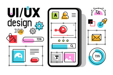 Mobile with UI-UX development design concept. Smartphone with interface elements. Digital industry. Innovation and technologies. Flat styleのイラスト素材