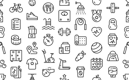 Seamless pattern with Fitness Icons. Minimal thin line web icon set. Collection icons fitness, gym and health care. Outline icons collectionのイラスト素材