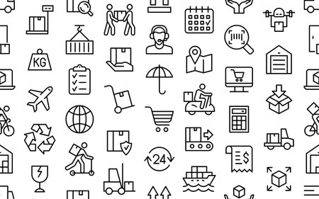 Seamless pattern with Delivery icons. Minimal thin line web icon set. Collection icons fitness, gym and health care. Outline icons collectionのイラスト素材