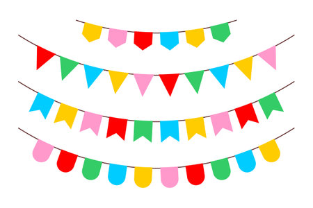 Festive flag garland. Birthday party and carnival garland decoration. isolated on white backgroundのイラスト素材