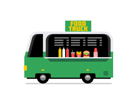 Food Trucks. Fast food truck city car. Street food truck. Side viewのイラスト素材