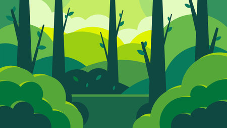 Forest trees background. Glade in the thicket. Beautiful green summer landscape. Flat designのイラスト素材