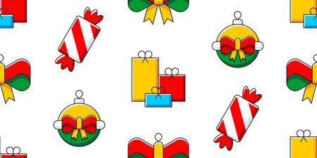 Christmas pattern. Design with Gift boxes, Bow, Candy, Ball. Outline icons collection. Holiday symbolのイラスト素材