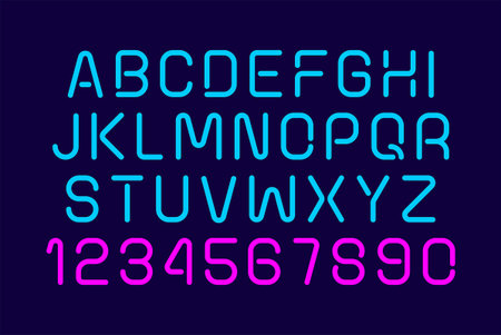 Neon font. Bright letters on dark wall. Letters and numbers. flat styleのイラスト素材