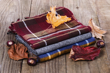 Autumn (fall) still life with scarves, leaves and horse chestnutの写真素材