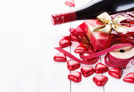 Valentine day still life with chocolate hearts and wine with Copy spaceの写真素材