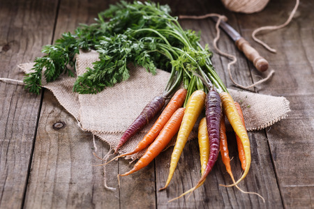 Colored organic carrots over rustic wooden background. Selective focus, shallow depth of field. Only central part of the photo is in focusの写真素材