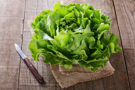 Single organic butter lettuce head over wooden rustic backgroundの写真素材