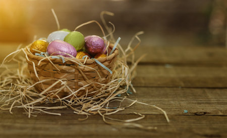 Vintage  looking image of Easter chocolate eggs over natural background with copy space. Color...