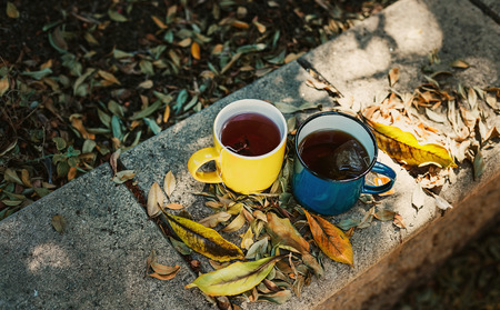 image of fall still life with two cups of tea and colorful leaves over natural background. Selective focus, color filtersの写真素材
