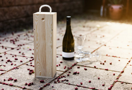 Wine wooden box in natural background. Outdoor image, selective focus, shallow depth of fieldの写真素材
