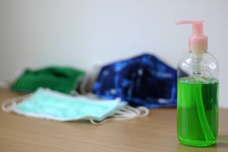 Anti-virus equipment, covid-19, such as a mask to cover the mouth and nose, liquid soap used to clean hands.の写真素材