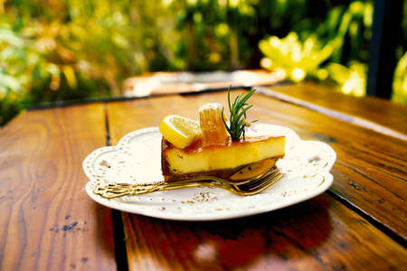 lemon honey cheesecake garnished with honeycomb,  Lemon  slices, rosemary.の写真素材