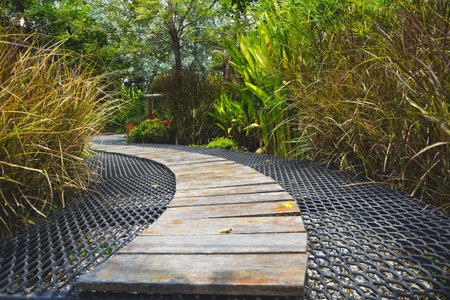 The wooden plank walkway on the expanded metal bridge in the garden.