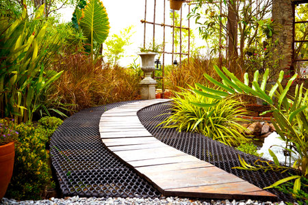The wooden plank walkway on the expanded metal bridge in the garden.の写真素材