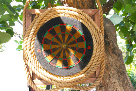 A dart board hanging on a rope wall on a wooden frame under a tree.の写真素材