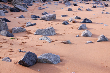 Beautiful sandy beach with boulders with the sand mold of the wind crab around the hole.の写真素材