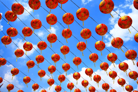 Red lanterns symbolize good things such as prosperity, wealth, and help ward off evil during the Chinese New Year.の写真素材